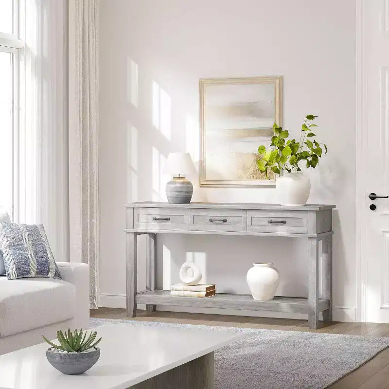 Tavolo da ingresso stile rustico, consolle a 3 ripiani con 3 cassetti, tavolino da divano in legno da 54" per ingresso, soggiorno, corridoio