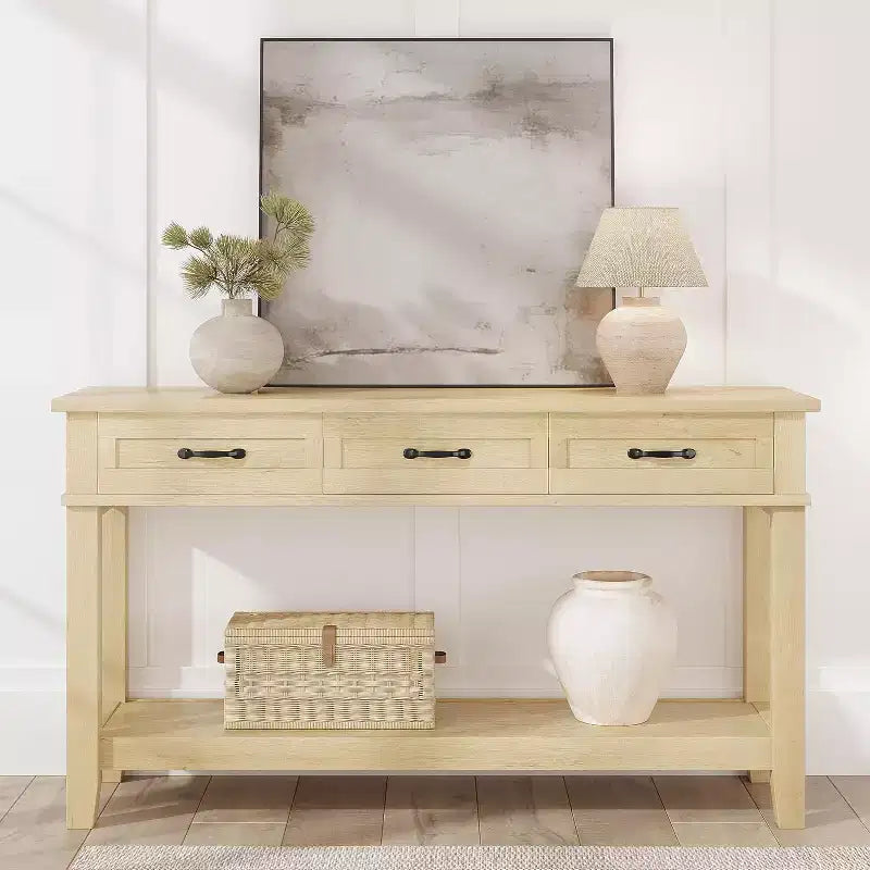 Tavolo da ingresso stile rustico, consolle a 3 ripiani con 3 cassetti, tavolino da divano in legno da 54" per ingresso, soggiorno, corridoio