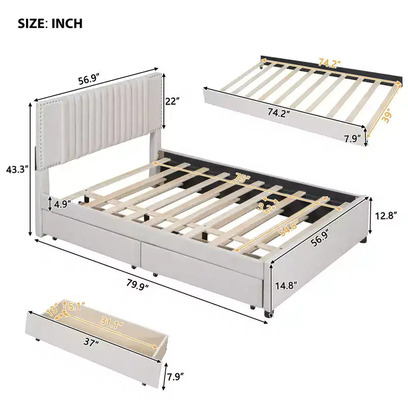 Letto a piattaforma moderno imbottito Luxystar con 2 cassetti e 1 letto estraibile