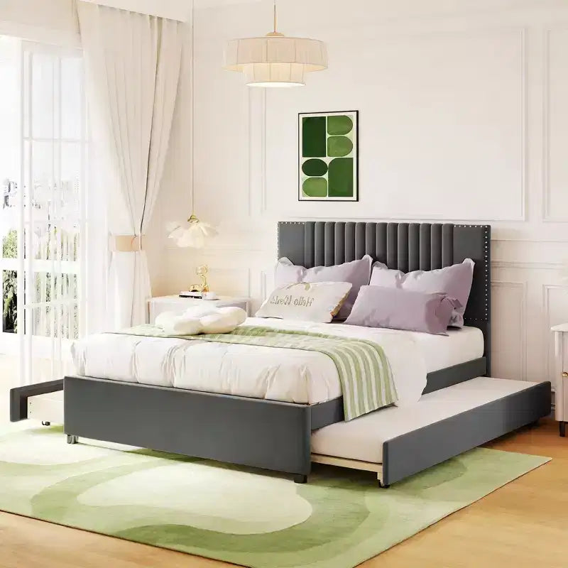 Letto a piattaforma moderno imbottito Luxystar con 2 cassetti e 1 letto estraibile