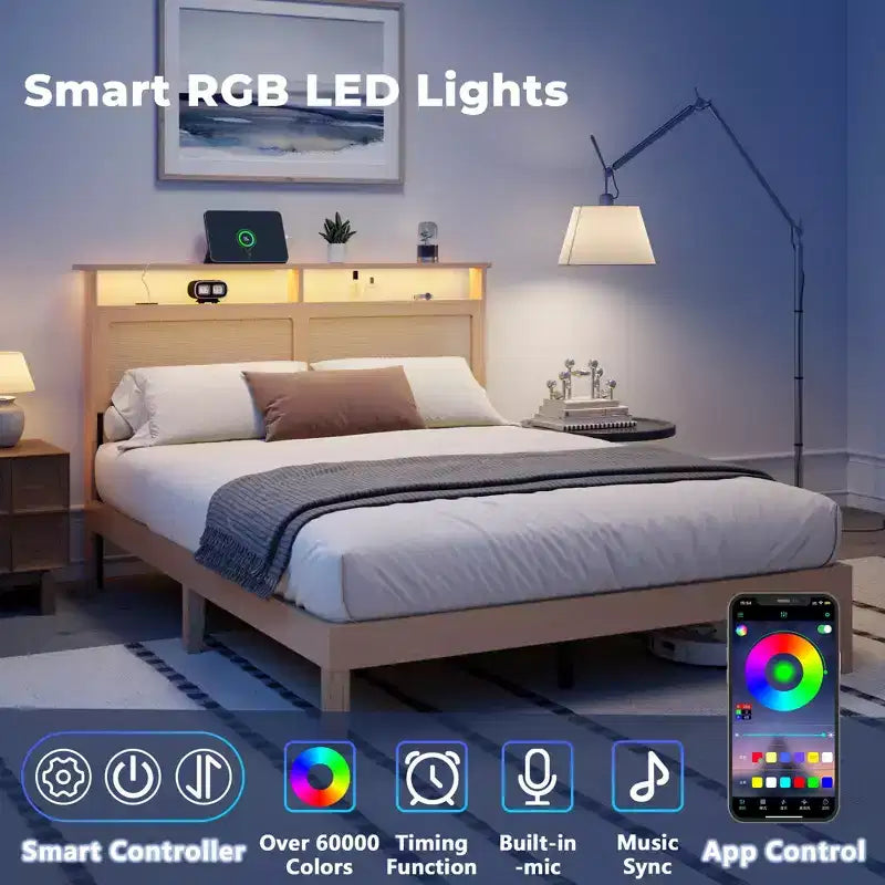 Letto matrimoniale in rattan stile Boho, legno naturale con luci LED, stazione di ricarica, testiera con vano portaoggetti, piattaforma letto, senza rete, camera da letto moderna