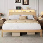 Letto matrimoniale in rattan stile Boho, legno naturale con luci LED, stazione di ricarica, testiera con vano portaoggetti, piattaforma letto, senza rete, camera da letto moderna