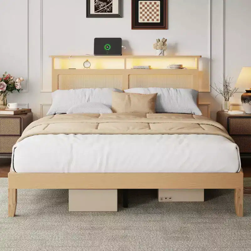 Letto matrimoniale in rattan stile Boho, legno naturale con luci LED, stazione di ricarica, testiera con vano portaoggetti, piattaforma letto, senza rete, camera da letto moderna