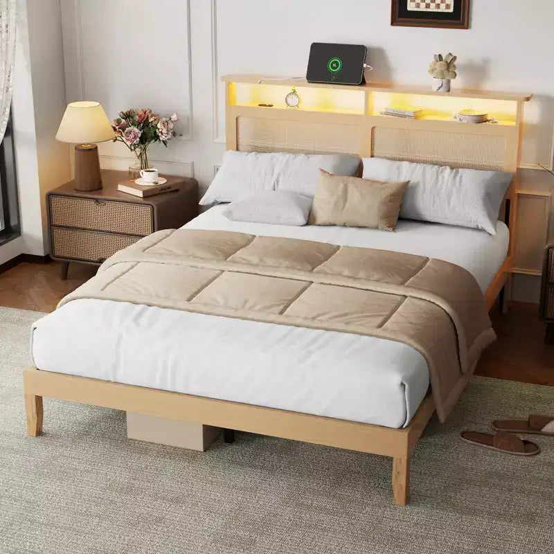 Letto matrimoniale in rattan stile Boho, legno naturale con luci LED, stazione di ricarica, testiera con vano portaoggetti, piattaforma letto, senza rete, camera da letto moderna