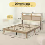 Letto matrimoniale in rattan stile Boho, legno naturale con luci LED, stazione di ricarica, testiera con vano portaoggetti, piattaforma letto, senza rete, camera da letto moderna