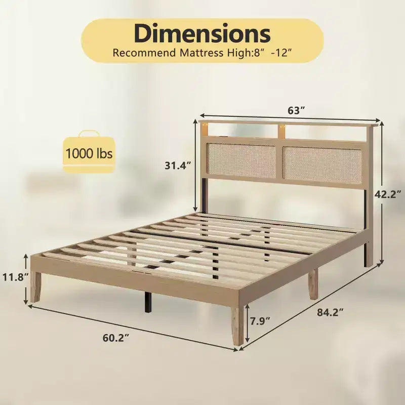 Letto matrimoniale in rattan stile Boho, legno naturale con luci LED, stazione di ricarica, testiera con vano portaoggetti, piattaforma letto, senza rete, camera da letto moderna