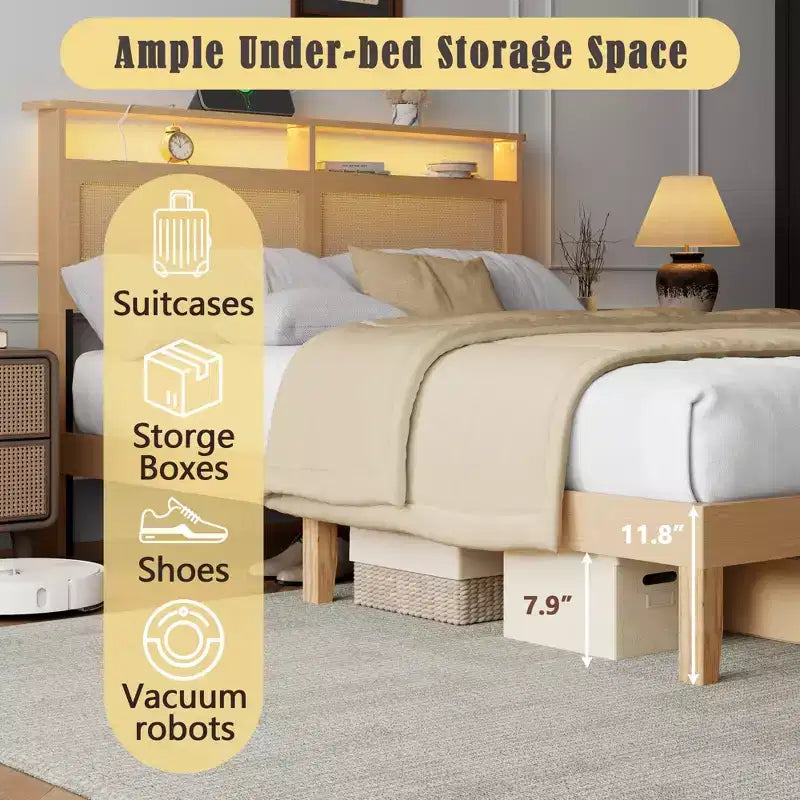 Letto matrimoniale in rattan stile Boho, legno naturale con luci LED, stazione di ricarica, testiera con vano portaoggetti, piattaforma letto, senza rete, camera da letto moderna