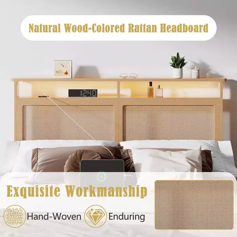 Letto matrimoniale in rattan stile Boho, legno naturale con luci LED, stazione di ricarica, testiera con vano portaoggetti, piattaforma letto, senza rete, camera da letto moderna