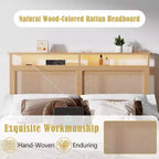 Letto matrimoniale in rattan stile Boho, legno naturale con luci LED, stazione di ricarica, testiera con vano portaoggetti, piattaforma letto, senza rete, camera da letto moderna