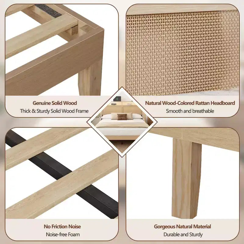 Letto matrimoniale in rattan stile Boho, legno naturale con luci LED, stazione di ricarica, testiera con vano portaoggetti, piattaforma letto, senza rete, camera da letto moderna