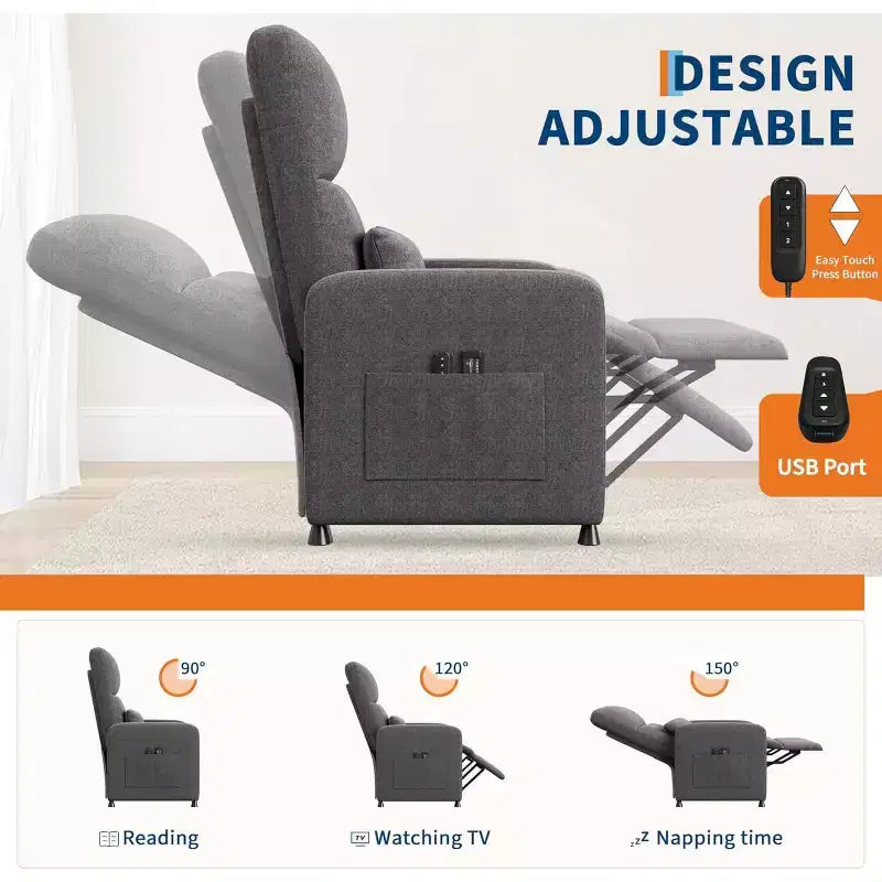 Poltrona Reclinabile Elettrica per Adulti, Divano Singolo Ergonomico Regolabile, Dondolo Imbottito con Tasche Laterali e Porta di Ricarica USB