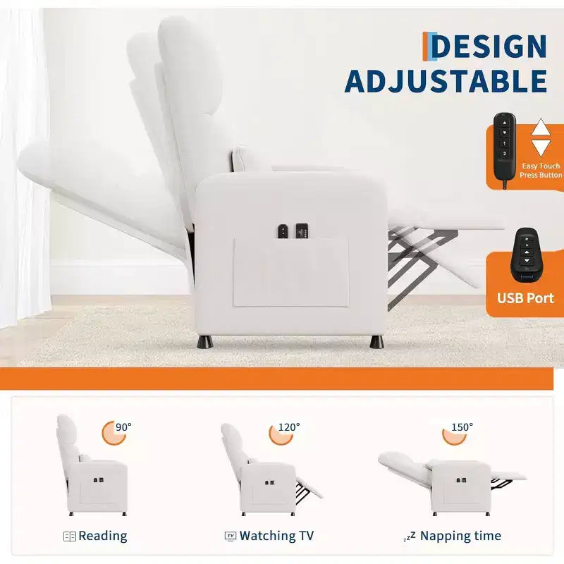 Poltrona Reclinabile Elettrica per Adulti, Divano Singolo Ergonomico Regolabile, Dondolo Imbottito con Tasche Laterali e Porta di Ricarica USB
