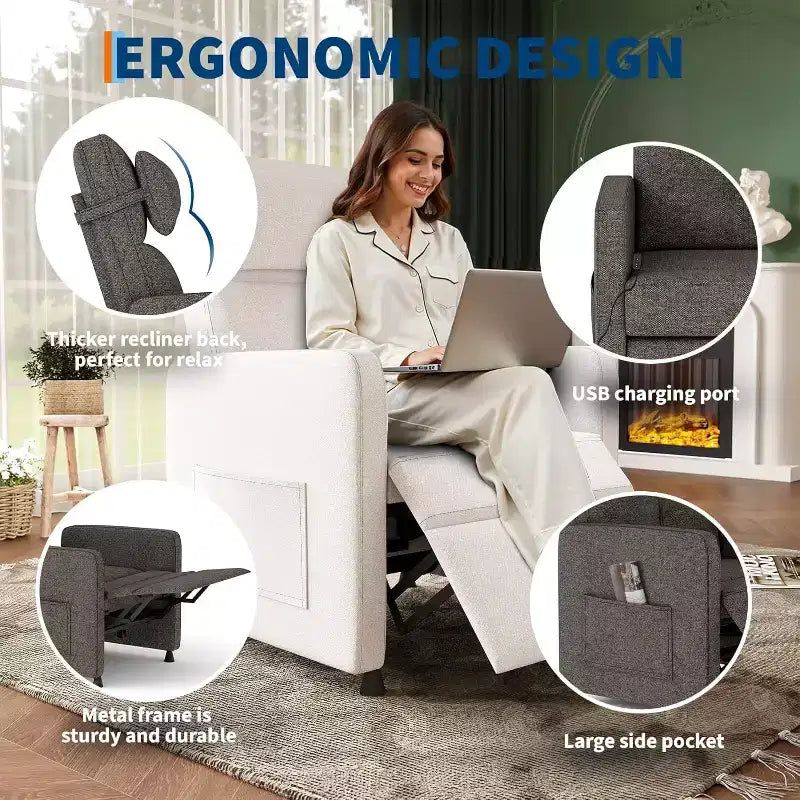 Poltrona Reclinabile Elettrica per Adulti, Divano Singolo Ergonomico Regolabile, Dondolo Imbottito con Tasche Laterali e Porta di Ricarica USB