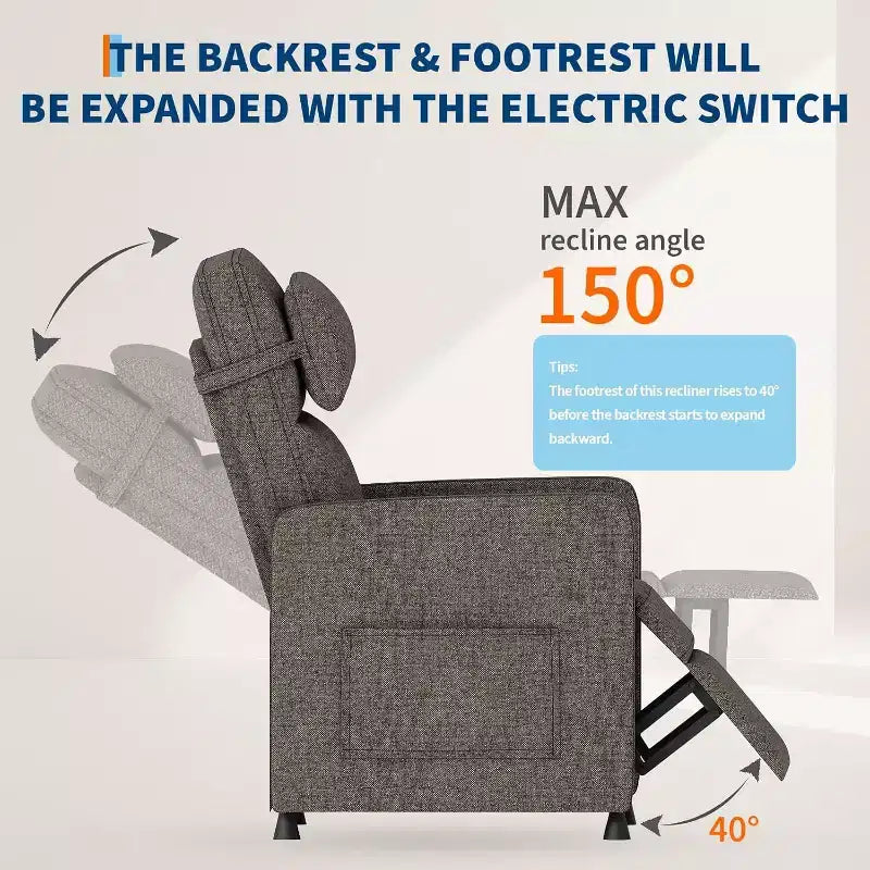Poltrona Reclinabile Elettrica per Adulti, Divano Singolo Ergonomico Regolabile, Dondolo Imbottito con Tasche Laterali e Porta di Ricarica USB