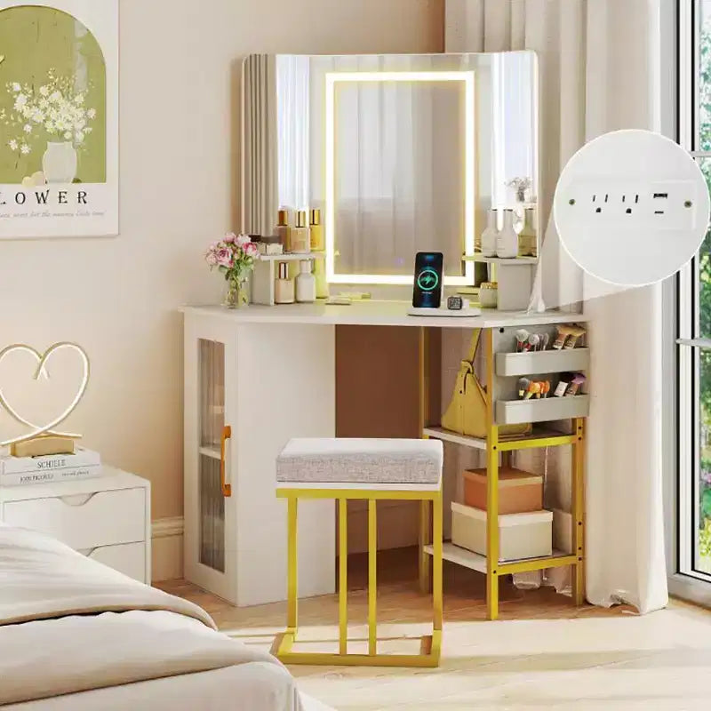 Toeletta Moderna con Triplo Specchio Regolabile a Colori, Toeletta ad Angolo con Sgabello e Struttura in Metallo, Set Toeletta per Soggiorno, Camera da Letto, Bianco