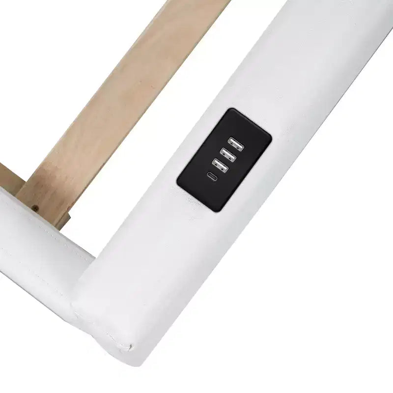 Letto a piattaforma a pavimento per letti singoli con sponda di sicurezza a tutta lunghezza, telaio del letto in legno imbottito con stazione di ricarica