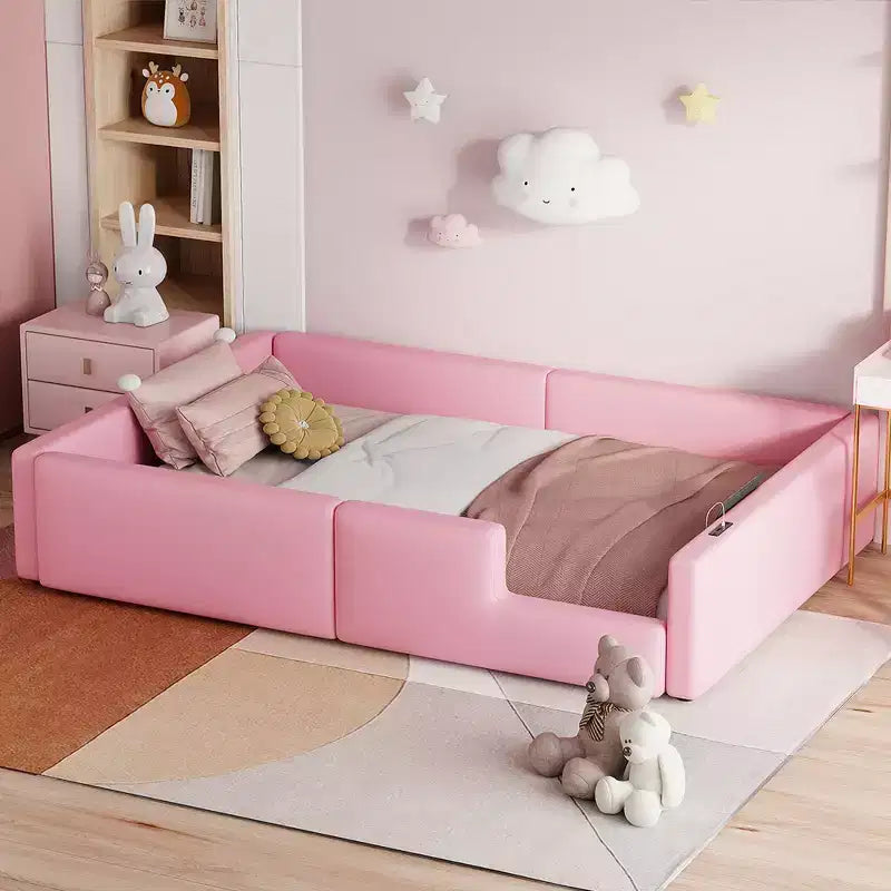 Letto a piattaforma a pavimento per letti singoli con sponda di sicurezza a tutta lunghezza, telaio del letto in legno imbottito con stazione di ricarica