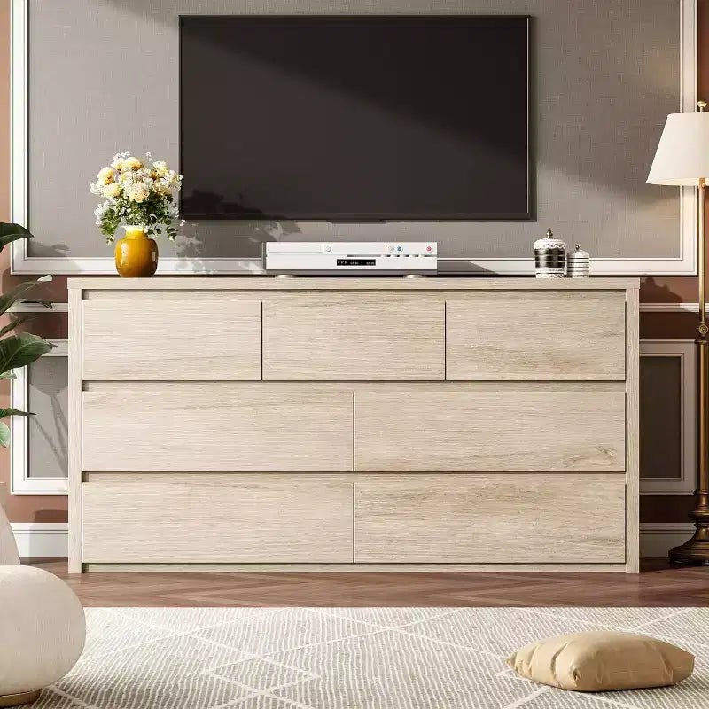 Cassettiera da Comò Rustica in Legno a 7 Cassetti per Camera da Letto, Credenza Cassettiera con Cassetti, Mobile Contenitore Senza Maniglie per Camera da Letto, Soggiorno con Dispositivo Antiribaltamento di Sicurezza