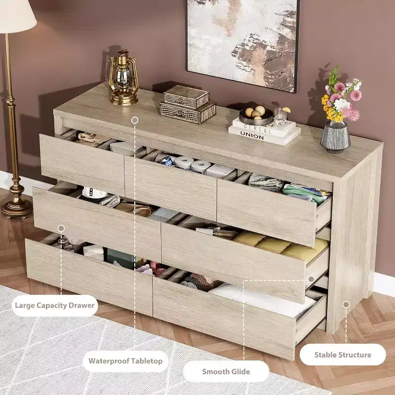 Cassettiera da Comò Rustica in Legno a 7 Cassetti per Camera da Letto, Credenza Cassettiera con Cassetti, Mobile Contenitore Senza Maniglie per Camera da Letto, Soggiorno con Dispositivo Antiribaltamento di Sicurezza