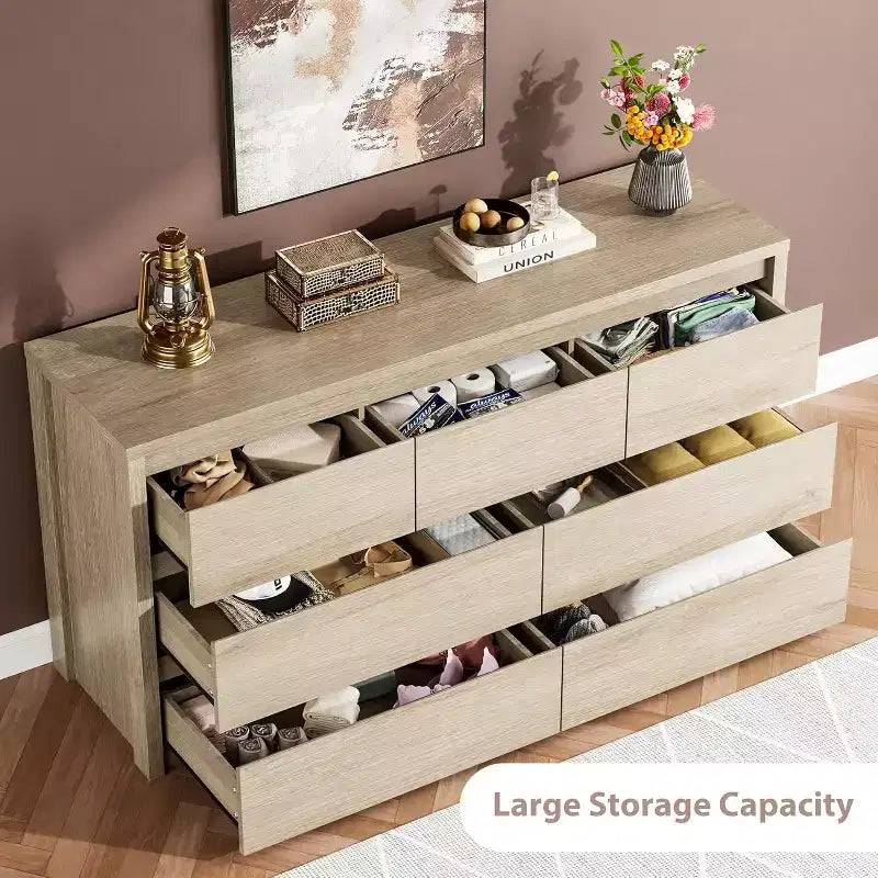 Cassettiera da Comò Rustica in Legno a 7 Cassetti per Camera da Letto, Credenza Cassettiera con Cassetti, Mobile Contenitore Senza Maniglie per Camera da Letto, Soggiorno con Dispositivo Antiribaltamento di Sicurezza