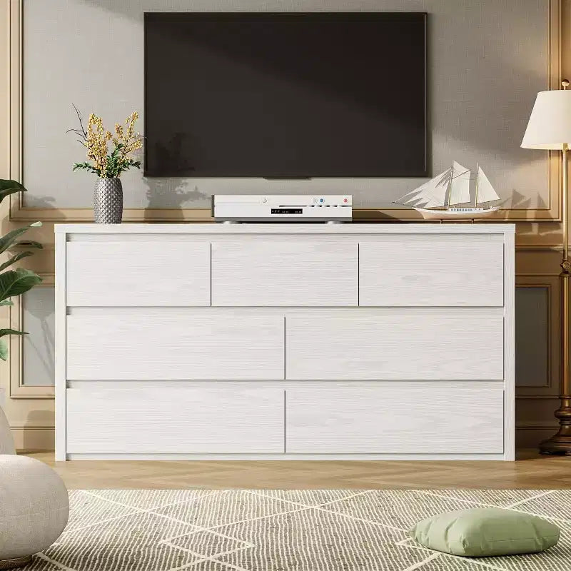 Cassettiera da Comò Rustica in Legno a 7 Cassetti per Camera da Letto, Credenza Cassettiera con Cassetti, Mobile Contenitore Senza Maniglie per Camera da Letto, Soggiorno con Dispositivo Antiribaltamento di Sicurezza