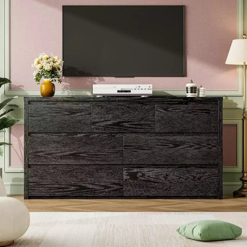 Cassettiera da Comò Rustica in Legno a 7 Cassetti per Camera da Letto, Credenza Cassettiera con Cassetti, Mobile Contenitore Senza Maniglie per Camera da Letto, Soggiorno con Dispositivo Antiribaltamento di Sicurezza