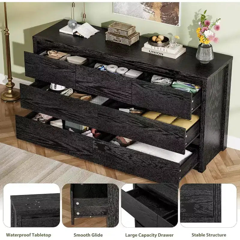 Cassettiera da Comò Rustica in Legno a 7 Cassetti per Camera da Letto, Credenza Cassettiera con Cassetti, Mobile Contenitore Senza Maniglie per Camera da Letto, Soggiorno con Dispositivo Antiribaltamento di Sicurezza