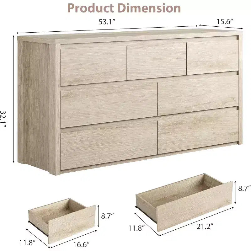 Cassettiera da Comò Rustica in Legno a 7 Cassetti per Camera da Letto, Credenza Cassettiera con Cassetti, Mobile Contenitore Senza Maniglie per Camera da Letto, Soggiorno con Dispositivo Antiribaltamento di Sicurezza
