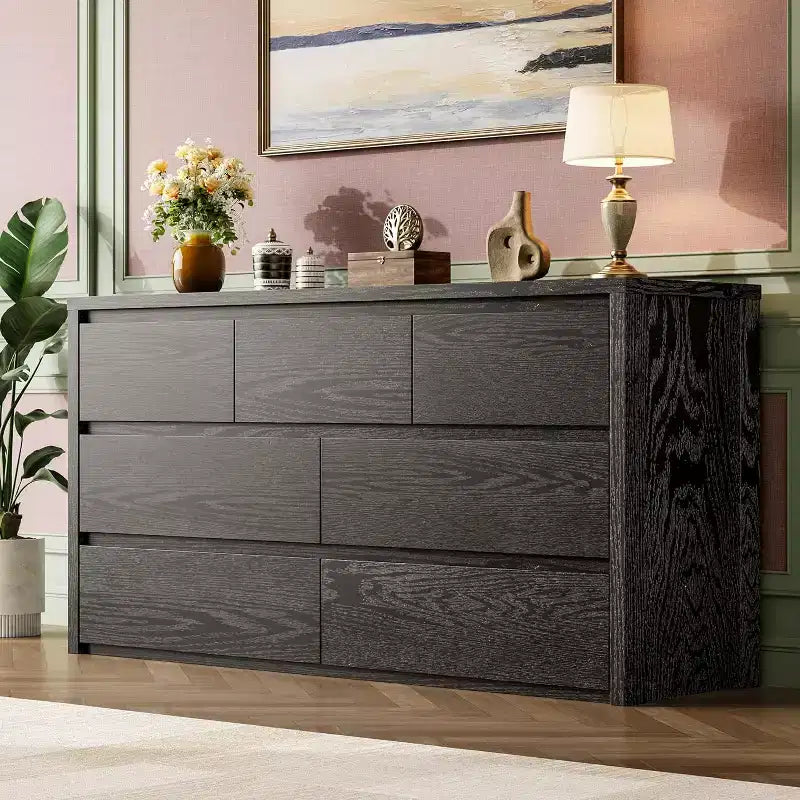 Rustic Farmhouse 7 Dresser for Bedroom,Wooden Drawer Dresser,Handle-Free Storage Cabinet with Drawers for Bedroom, Living Room with Anti-Tip Safety