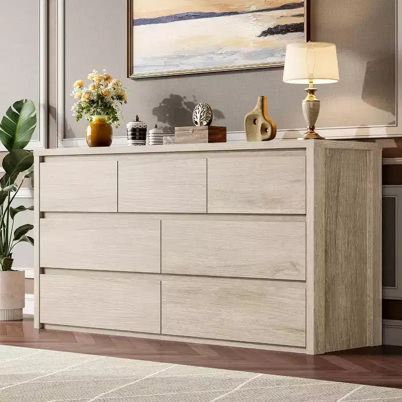 Cassettiera da Comò Rustica in Legno a 7 Cassetti per Camera da Letto, Credenza Cassettiera con Cassetti, Mobile Contenitore Senza Maniglie per Camera da Letto, Soggiorno con Dispositivo Antiribaltamento di Sicurezza