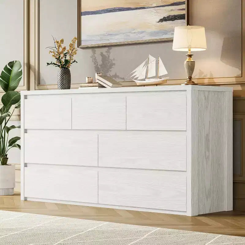 Cassettiera da Comò Rustica in Legno a 7 Cassetti per Camera da Letto, Credenza Cassettiera con Cassetti, Mobile Contenitore Senza Maniglie per Camera da Letto, Soggiorno con Dispositivo Antiribaltamento di Sicurezza