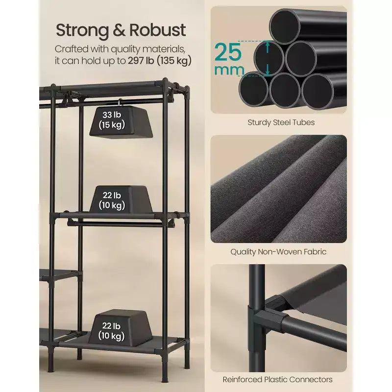Appendiabiti, Organizzatore per Armadio Robusto con Barre Appendiabiti e Ripiani, Carico Totale 135 kg, Facile Montaggio, Nero Inchiostro