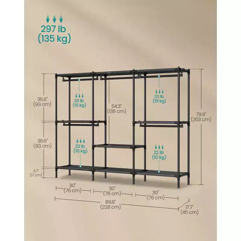 Appendiabiti, Organizzatore per Armadio Robusto con Barre Appendiabiti e Ripiani, Carico Totale 135 kg, Facile Montaggio, Nero Inchiostro