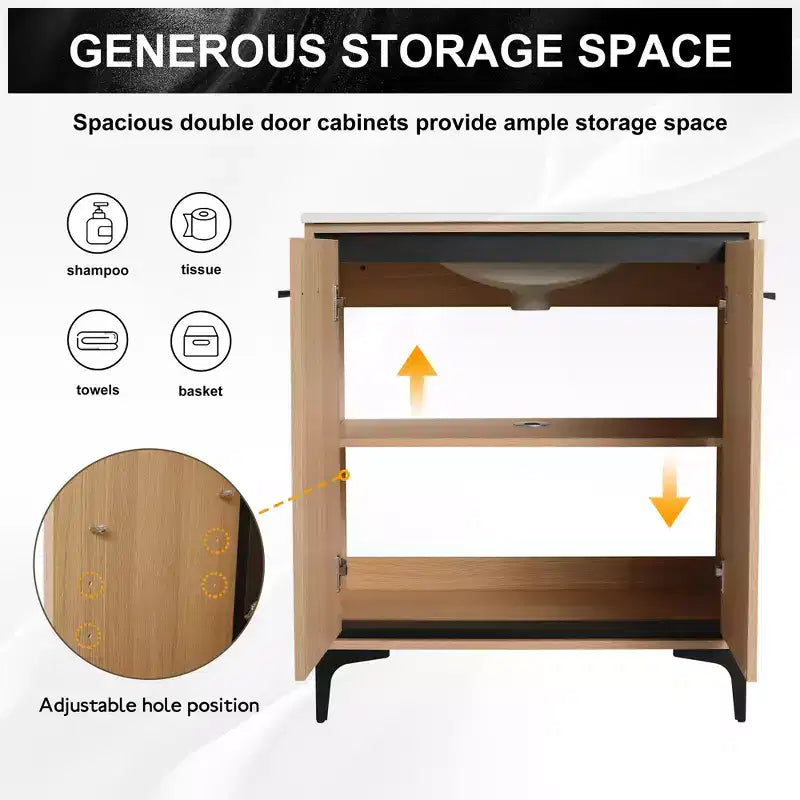 Mobile bagno da 60 cm nero completamente pre-assemblato con lavabo singolo in ceramica e 2 ante a chiusura ammortizzata