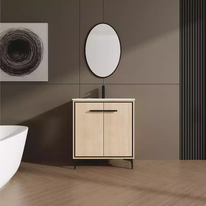 Mobile bagno da 60 cm nero completamente pre-assemblato con lavabo singolo in ceramica e 2 ante a chiusura ammortizzata