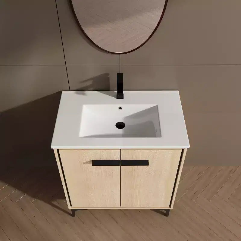 Mobile bagno da 60 cm nero completamente pre-assemblato con lavabo singolo in ceramica e 2 ante a chiusura ammortizzata