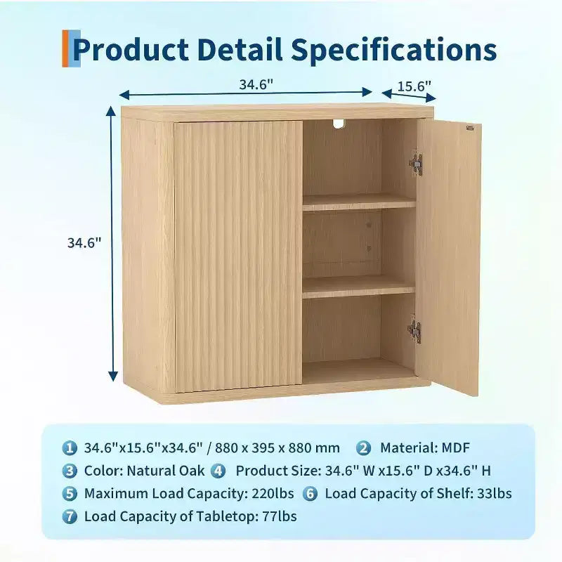 Madia Credenza con scanalature, Armadietto in legno largo 88 cm con ripiani regolabili per cucina, sala da pranzo, soggiorno