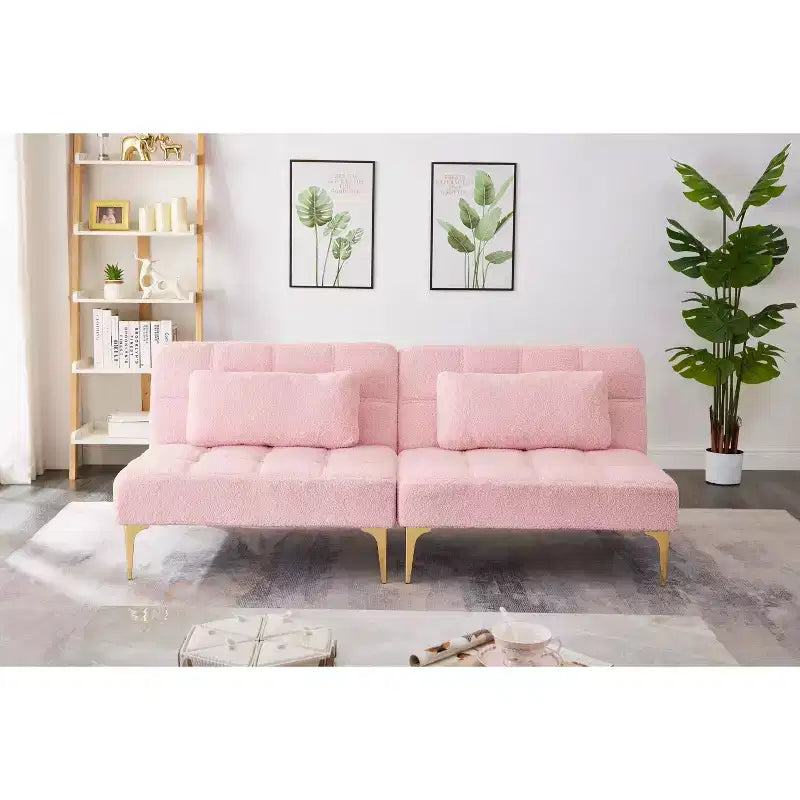 MAYEERTY Comfortable Teddy Fabric Futon Sofa Gold Metal Legs, Foam & Spring for Living Room Pink