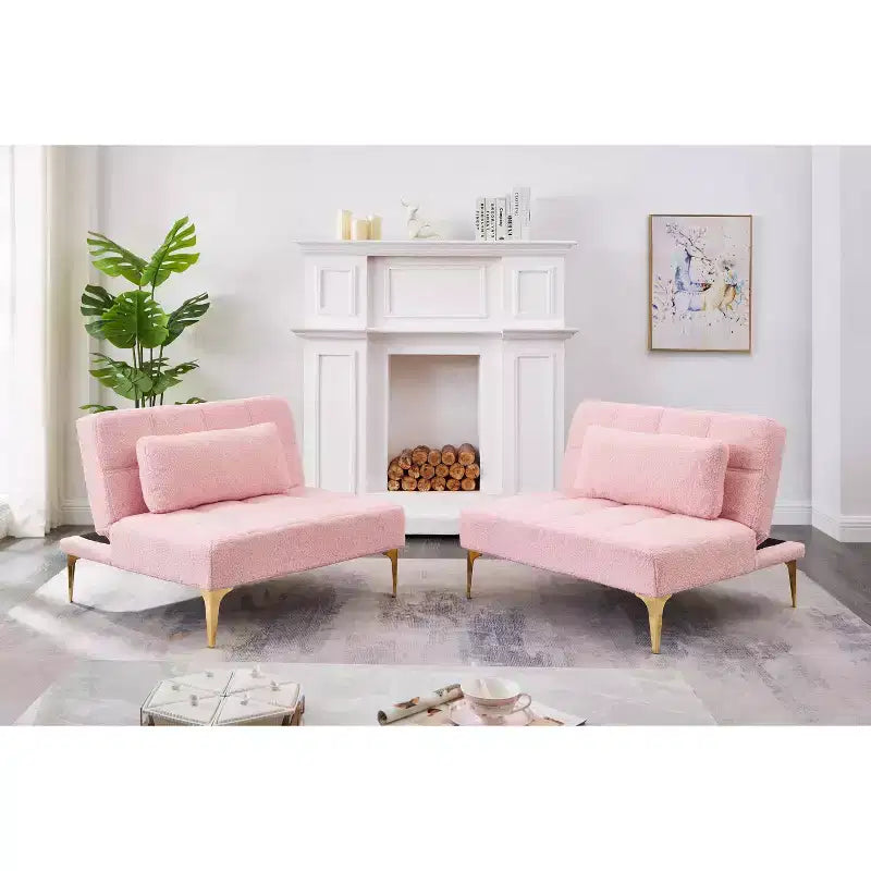 Comodo divano futon in tessuto Teddy con gambe in metallo dorato, schiuma e molle per soggiorno, rosa