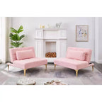 Comodo divano futon in tessuto Teddy con gambe in metallo dorato, schiuma e molle per soggiorno, rosa
