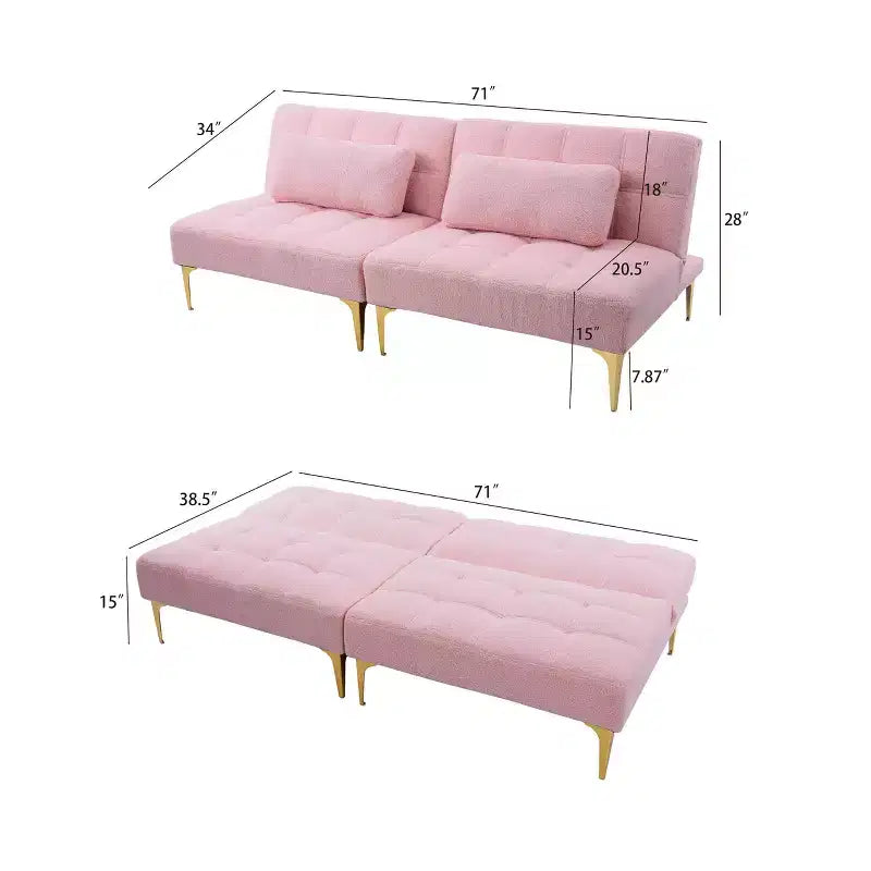 Comodo divano futon in tessuto Teddy con gambe in metallo dorato, schiuma e molle per soggiorno, rosa