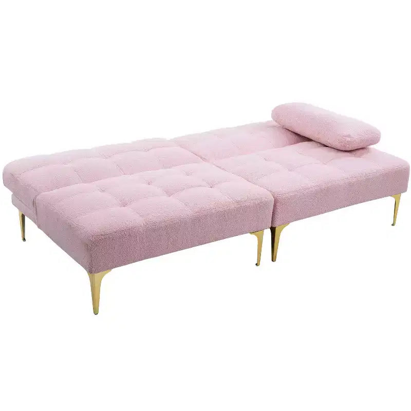 Comodo divano futon in tessuto Teddy con gambe in metallo dorato, schiuma e molle per soggiorno, rosa