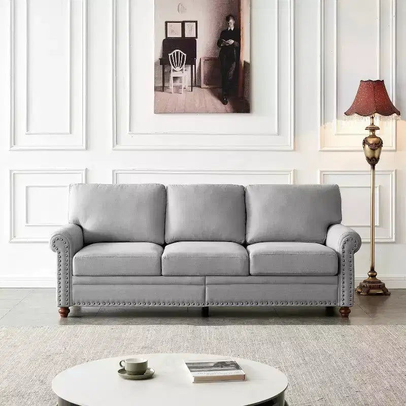 MAYEERTY Solid Wood & Metal Frame Sofa with Silver Nail Accent Under Seat Storage for Living Room Gray