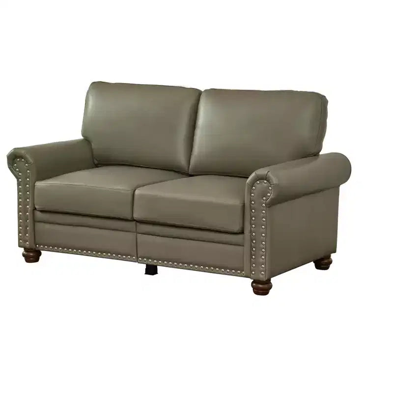 Divano in ecopelle liscia con decorazioni a borchie argentate e 2 contenitori estraibili sotto la seduta per soggiorno, Grigio