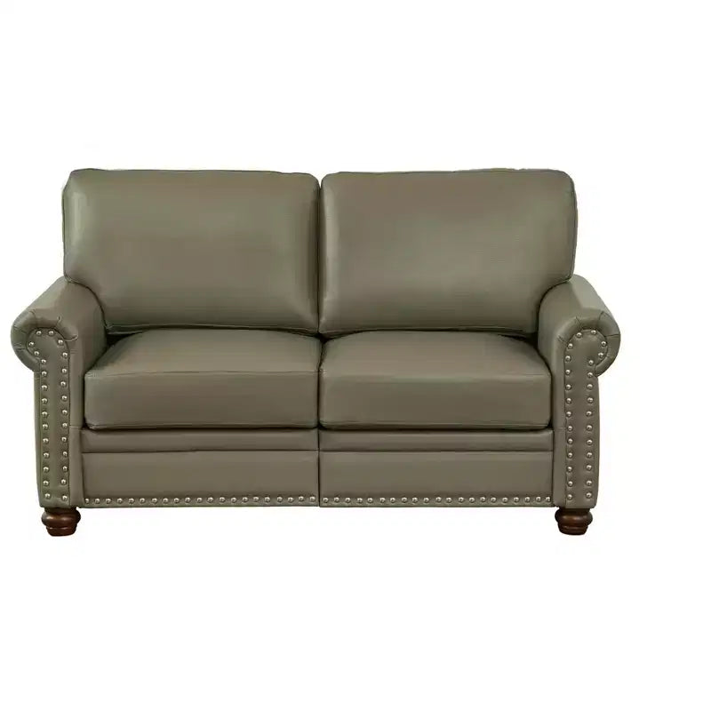Divano in ecopelle liscia con decorazioni a borchie argentate e 2 contenitori estraibili sotto la seduta per soggiorno, Grigio