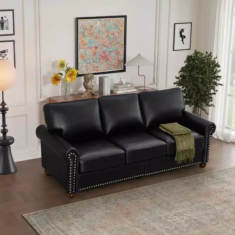 Divano Robusto con Decorazioni a Chiodi Argentati, 2 Pouf Contenitore Rimovibili, Rivestimento in PU con Chiodi Argentati, per Soggiorno o Ufficio, Nero
