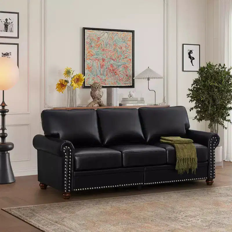 Divano Robusto con Decorazioni a Chiodi Argentati, 2 Pouf Contenitore Rimovibili, Rivestimento in PU con Chiodi Argentati, per Soggiorno o Ufficio, Nero