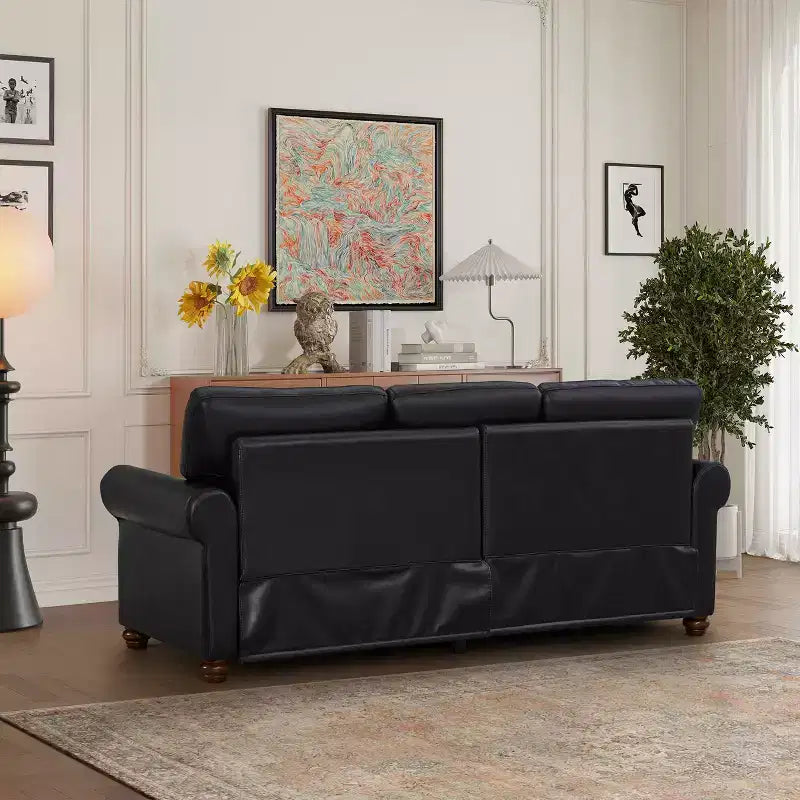 Divano Robusto con Decorazioni a Chiodi Argentati, 2 Pouf Contenitore Rimovibili, Rivestimento in PU con Chiodi Argentati, per Soggiorno o Ufficio, Nero