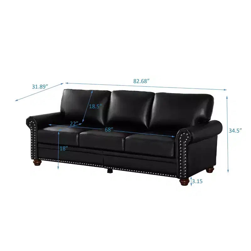 Divano Robusto con Decorazioni a Chiodi Argentati, 2 Pouf Contenitore Rimovibili, Rivestimento in PU con Chiodi Argentati, per Soggiorno o Ufficio, Nero