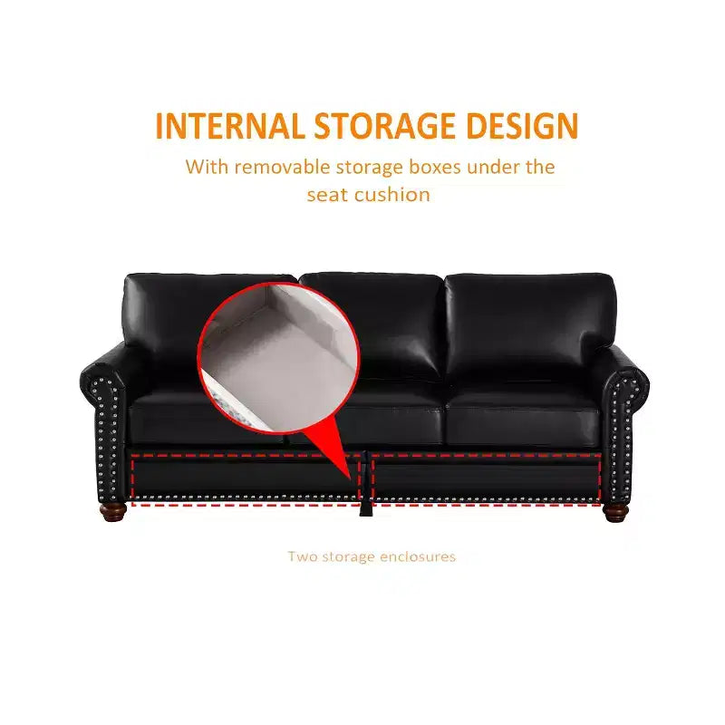 Divano Robusto con Decorazioni a Chiodi Argentati, 2 Pouf Contenitore Rimovibili, Rivestimento in PU con Chiodi Argentati, per Soggiorno o Ufficio, Nero
